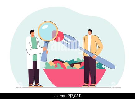 Caricature nutritionniste analysant la nourriture du patient.Homme avec un énorme bol à salade, docteur avec loupe illustration vectorielle plate.Nutrition, santé, alimentation conc Illustration de Vecteur