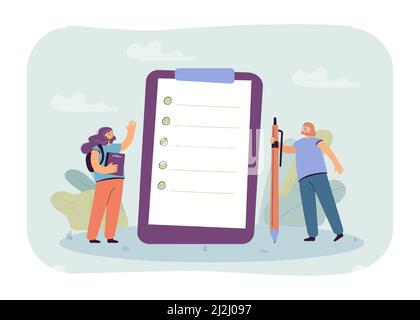 Caricatures des écolières debout à côté d'une énorme liste de contrôle.Les élèves qui font des tests ou des sondages ou qui font des projets scolaires ensemble illustration vectorielle plate.Teamwor Illustration de Vecteur