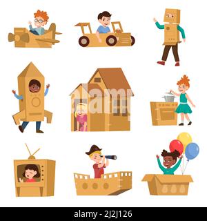 Jeu d'illustrations vectorielles pour enfants créatifs avec boîtes en carton.Mignon dessin animé garçons et filles faisant le costume de fusée, bateau, voiture, TV à partir de boîtes isolées sur W Illustration de Vecteur