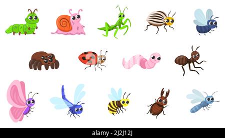 Jeu d'illustrations vectorielles de personnages de dessin animé de bogue mignon.Animaux de forêt ou de jardin amusants, fourmis, escargot, araignée, coccinelle,libellule, abeille, papillon, ver iso Illustration de Vecteur