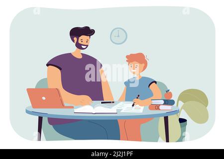 Papa aidant son fils à faire ses devoirs.Illustration vectorielle plate.Parent et enfant assis à table, enseignant avec des livres, ordinateur portable, lecture et bref de garçon Illustration de Vecteur