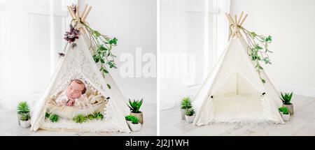 Adorable jeune fille de nouveau-né dormant dans une cabane faite à la main et vide décoration de studio pour le mélange de collage de photoshoot pour nourrisson Banque D'Images