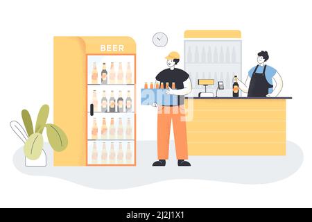 Le livreur tient une caisse de bière fraîche en magasin. Boîte de transport de coursier avec bouteilles de boisson alcoolisée, illustration vectorielle plate homme au comptoir. Alcoho Illustration de Vecteur