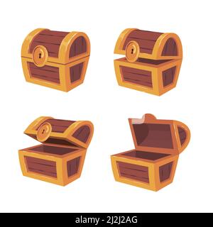 Vider le vieux coffre en bois pour un Trésor doré.Illustrations vectorielles de l'animation des images clés.Caricature ouverte et fermée boîte en bois de pirate chanceux isolé Illustration de Vecteur