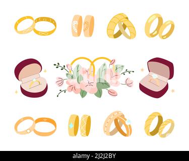 Jeu d'illustrations vectorielles de mariage ou de fiançailles. Bijoux pour proposition, anneaux dorés pour mariée et marié dans des boîtes rouges isolées sur fond blanc Illustration de Vecteur