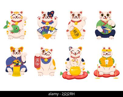 Jeu d'illustrations vectorielles de personnage de dessin animé Maneki neko.Jouet traditionnel japonais, joli chat figure apportant l'argent et la fortune isolé sur la ba blanche Illustration de Vecteur