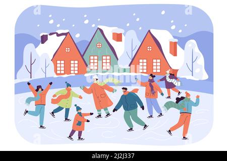 Groupe de personnes appréciant les vacances de Noël sur la patinoire.Illustration vectorielle plate.Les personnages adultes et les enfants patinent à l'extérieur, s'amuser.Famille, Illustration de Vecteur