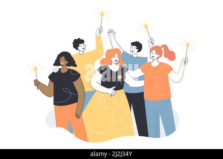 Groupe de travailleurs de bureau heureux debout avec des spamisseurs dans les mains.Illustration vectorielle plate entre amis célébrant l'événement.Femmes et hommes ayant la fête Illustration de Vecteur