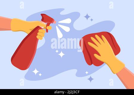 Mains dans des gants en caoutchouc pour nettoyer la surface avec un spray et un chiffon.Illustration vectorielle plate de la personne effectuant un travail domestique.Ménage, hygiène, service de nettoyage Illustration de Vecteur