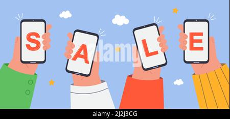 Mains des clients qui reçoivent des SMS sur la vente en magasin sur leur smartphone. Application d'achat pour téléphones mobiles, utilisateurs payant en ligne via Wi-Fi Flat Vector Illustrator Illustration de Vecteur