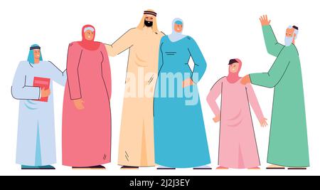 Bonne famille de dessins animés arabes dans des vêtements traditionnels.Musulmans, mari, femme dans hijab, fils, jeune fille,vieil homme sur fond blanc vecteur plat illu Illustration de Vecteur