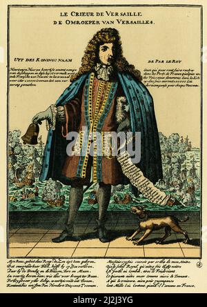 Le crieur de Versailles, estampe satirique hollandaise contre Louis XIV ( 1638-1715), le crieur a trait a la bataille de la Hougue ou la flotte francaise fut battue et en partie detruite, le 29 mai 1692 . Banque D'Images