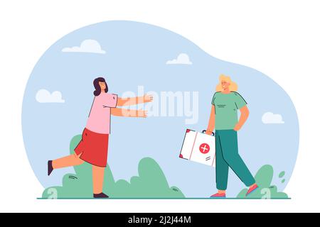 Bonne femme qui s'exécute pour rencontrer un médecin.Femme souriante accueillant un médecin spécialiste venant vous aider.Premiers soins, ambulance, bon service médical.FL Illustration de Vecteur