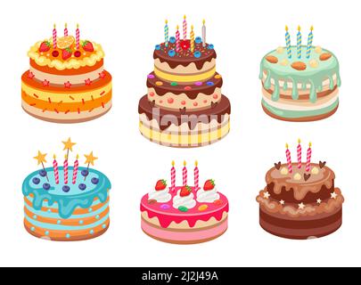 Ensemble de gâteaux d'anniversaire avec photophores vectorisés.Délicieux gâteaux ou tartes au chocolat avec décor élégant et glaçage isolé sur le backgro blanc Illustration de Vecteur