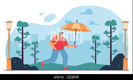 Personnage de dessin animé masculin sous la pluie avec parapluie.Homme dans le parc de la ville tout en pleurant illustration de vecteur plat.Météo, automne, saisons concept pour ba Illustration de Vecteur