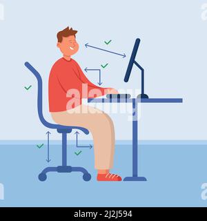 Personne de bureau avec la bonne posture assise au bureau d'ordinateur. Position correcte et distance entre l'écran et le personnage avec un dos sain au travail plat v Illustration de Vecteur