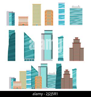 Façades modernes de gratte-ciel et bâtiments commerciaux.Illustrations vectorielles de maisons et de complexes d'appartements.Paysage urbain de dessin animé isolé sur blanc.C Illustration de Vecteur