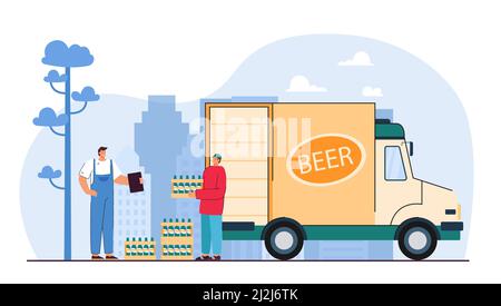 Un coursier souriant tenant une caisse en bois de bière et de fûts.Camion de livraison de marque avec design publicitaire.Brasserie livrant de la bière.Vecteur plat Illustration de Vecteur