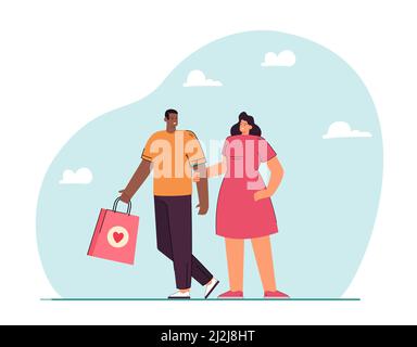 Femme souriant à son mari qui tient son sac.Couple de shopping ou de choisir l'illustration de vecteur plat de cadeau.Shopping, famille, vacances, divertissement conc Illustration de Vecteur