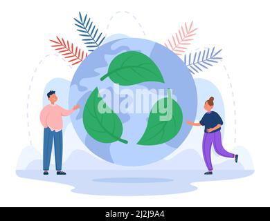 Personnages de dessin animé à côté du globe avec symbole de recyclage.Énergie verte, économie de planète, réduction de la pollution au carbone illustration vectorielle plate.Zéro déchet, écologie Illustration de Vecteur