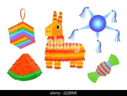 Ensemble de pinatas colorées pour fêtes et illustrations vectorielles. Jouets mexicains en papier avec gâteries à l'intérieur en forme d'âne, bonbons pour l'anniversaire ou le carnaval i Illustration de Vecteur