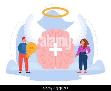 Personnes à côté du cerveau avec ailes d'ange illustration vectorielle plate. Un petit homme et une petite femme tenant une ampoule comme symbole de la pensée positive, du bonheur, de l'auto- Illustration de Vecteur