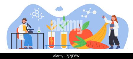 Scientifiques étudiant des aliments génétiquement modifiés en laboratoire. Homme et femme menant des recherches scientifiques à l'aide de l'équipement illustration vectorielle plate. Bi Illustration de Vecteur