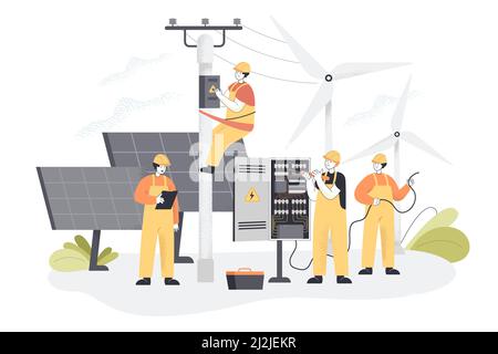 Équipe de travailleurs de la construction avec des éoliennes et des panneaux solaires. Installation ou réparation de poteaux électriques vecteur plat. Maintenan Illustration de Vecteur