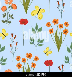 Motif fleuri sans couture. Arrière-plan fleuri brillant avec imprimé fleurs et fleurs. Illustration vectorielle plate colorée pour textile. Texture répétée Illustration de Vecteur