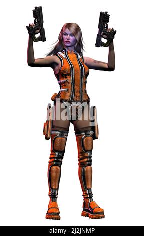 Femme futuriste avec des armes, Warrior en action, 3D illustration Banque D'Images