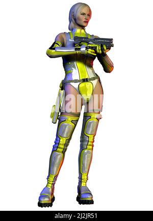 Femme futuriste avec arme à feu, guerrier en action, illustration 3D Banque D'Images