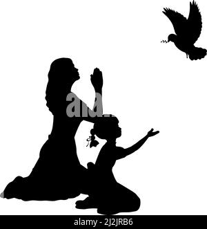 Silhouettes de mère et de fille pleurent pour prier pour la paix. Illustration de Vecteur