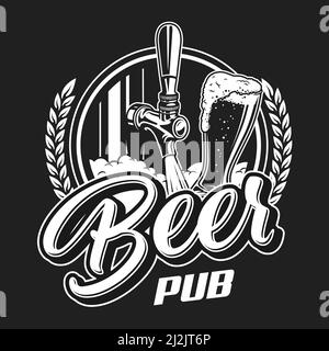 Concept de logotype de pub de bière vintage avec verre de robinet plein de alcool boisson oreilles de blé sur fond noir illustration vectorielle isolée Illustration de Vecteur