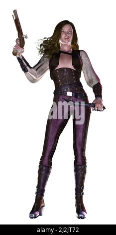 steampunk fille armée d'un pistolet de style ancien, 3d illustration Banque D'Images