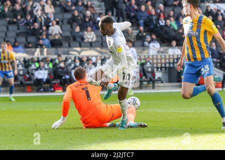 MILTON KEYNES, ROYAUME-UNI. AVR 2ND. Le gardien de la ville de Shrewsbury, Marko Maroši, arrête les doons Mo EISA de Milton Keynes lors de la deuxième moitié du match de la Ligue des Bétons du ciel 1 entre les doons MK et la ville de Shrewsbury au stade MK, Milton Keynes, le samedi 2nd avril 2022. (Credit: John Cripps | MI News) Credit: MI News & Sport /Alay Live News Banque D'Images