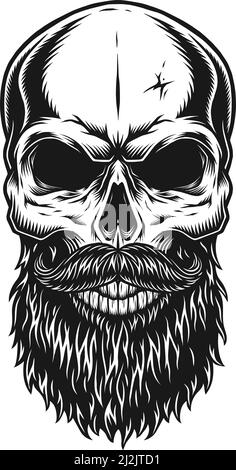 Modèle vintage tendance à tête d'hipster chauve avec barbe et moustache illustration vectorielle isolée de style monochrome Illustration de Vecteur