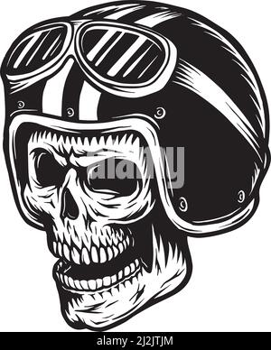 Concept vintage de pilote de crâne monochrome avec casque de moto et lunettes de protection illustration vectorielle isolée Illustration de Vecteur