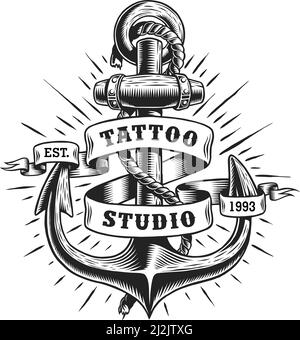 Étiquette de tatouage marin vintage avec corde d'ancrage et inscription illustration vectorielle isolée par ruban Illustration de Vecteur