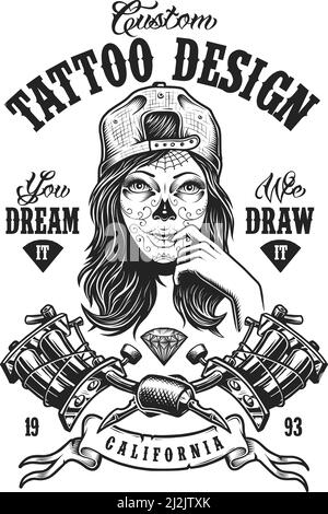 Badge monochrome tatouage vintage avec fille morte dans le chapeau croisé machines de tatouage et illustration vectorielle isolée au diamant Illustration de Vecteur