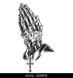 Squelette vintage priing mains concept avec rosaire dans le style monochrome illustration vectorielle isolée Illustration de Vecteur