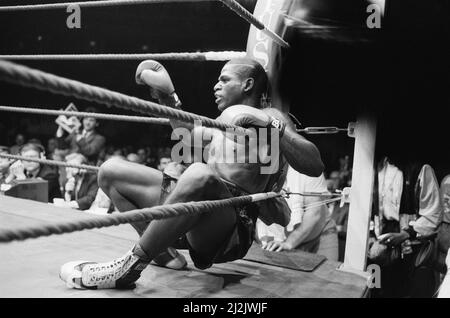 Nigel Benn vs Tim Williams au Royal Albert Hall London.Benn a arrêté son adversaire au second tour. (Photo) Tim Williams sur la toile. 28th mai 1988 Banque D'Images