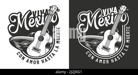 Vintage mexican Day of Dead label avec guitare acoustique et chapeau sombrero en illustration vectorielle isolée de style monochrome Illustration de Vecteur