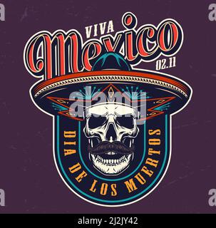 Dia de Los Muertos logo coloré avec crâne moustaché chapeau sombrero en style vintage illustration vectorielle isolée Illustration de Vecteur