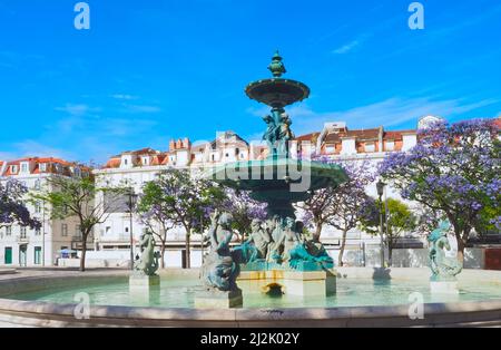 Belle place Rossio à Lisbonne en été avec des arbres pourpres Banque D'Images