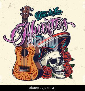 Dia de Los Muertos vintage concept avec ukulele belles roses crâne en chapeau sombrero sur fond clair illustration de vecteur isolé Illustration de Vecteur