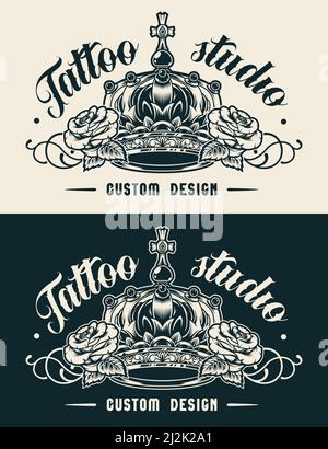 Étiquette studio de tatouage vintage avec couronne royale et de belles roses illustration vectorielle isolée de style monochrome Illustration de Vecteur