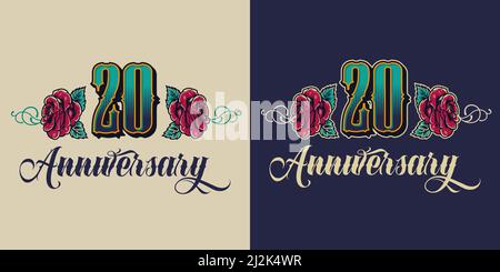 Emblème de fête du vingtième anniversaire vintage avec inscription de numéro et fleurs illustration vectorielle isolée de fleurs Illustration de Vecteur