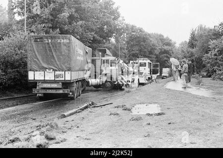 La grande tempête octobre 1987. Nos photos . . . Dégâts causés par la tempête Bracknell, Berkshire, Angleterre, 16th octobre 1987. La grande tempête de 1987 a eu lieu dans la nuit des 15th et 16th octobre 1987. Un système météorologique exceptionnellement fort a causé des vents qui ont frappé une grande partie du sud de l'Angleterre et du nord de la France. C'était la pire tempête à avoir frappé l'Angleterre depuis la Grande tempête de 1703. Les dégâts ont été estimés à 7,3 milliards de livres au Royaume-Uni et à 23 milliards de francs en France. Banque D'Images