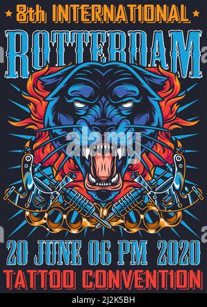 Affiche de tatouage vintage à Rotterdam avec panthère noir en colère illustration vectorielle des porte-fusées et des machines de tatouage en laiton Illustration de Vecteur