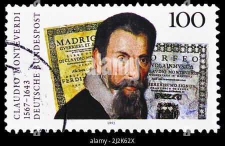 MOSCOU, RUSSIE - 13 MARS 2022 : le timbre-poste imprimé en Allemagne montre Claudio Monteverdi (1567-1643), compositeur, vers 1993 Banque D'Images